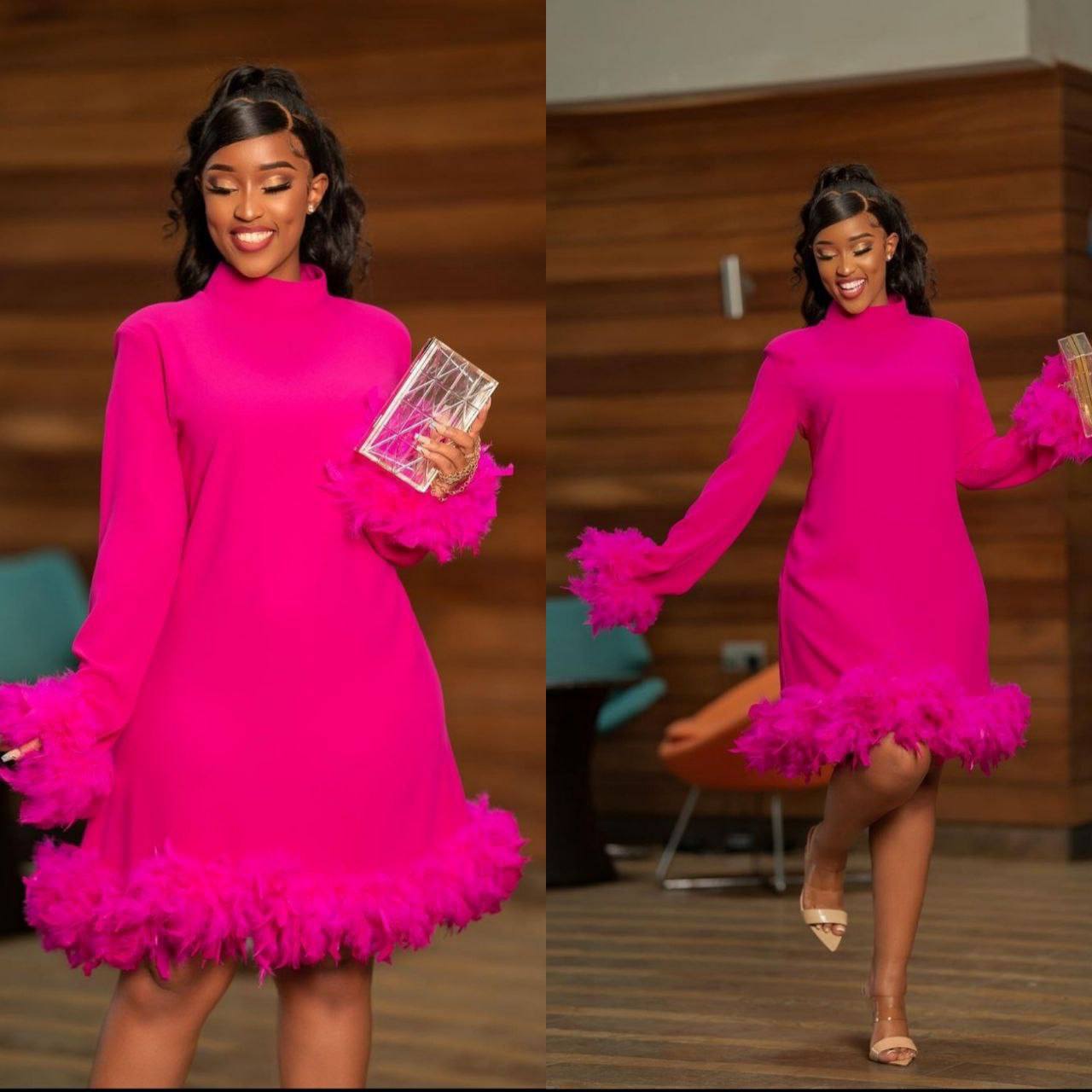 Feather Trimmed Long Sleeve Midi Pink Dress